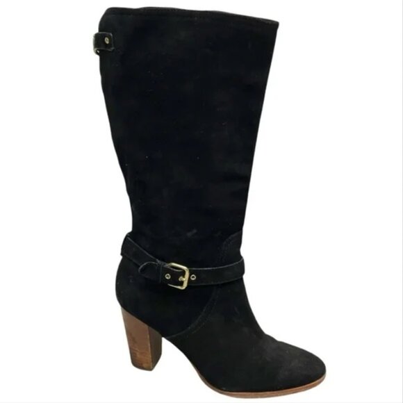 🖤 Coach Robynn Black Suede Knee-High Boots | Gold Buckles | Made in Italy 7.5B - Picture 1 of 13